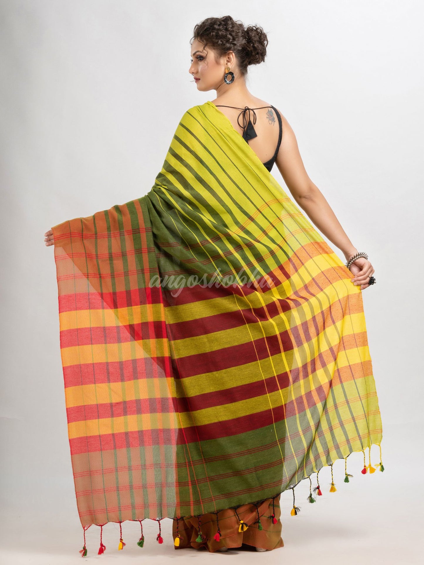 Fren green cotton blend pallu with multi colour stripe handloom saree