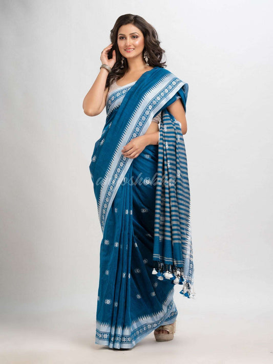 Azure blue cotton jacquard border with stripe pallu handloom saree