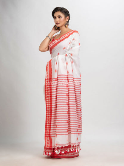 White cotton jacquard border with stripe pallu handloom saree