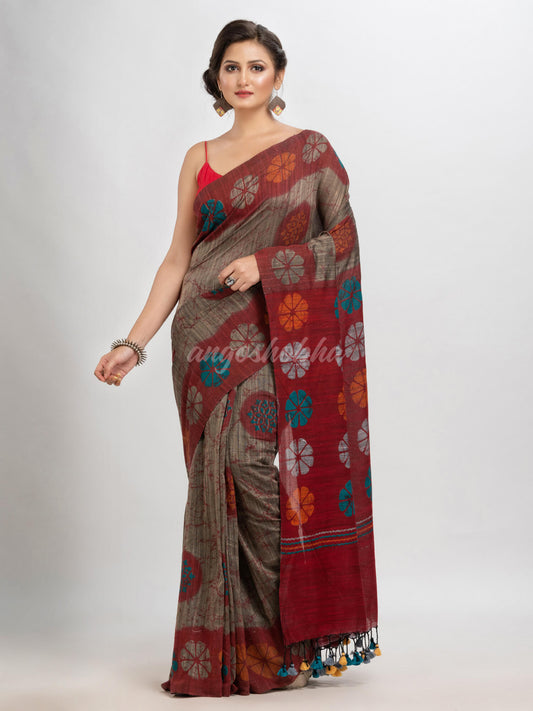 Muga cotton blend flowers printed saree