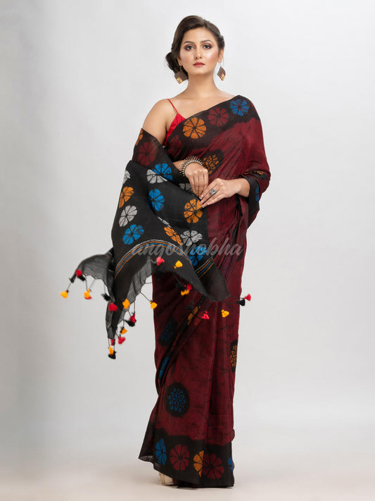 Maroon cotton blend flowers printed saree