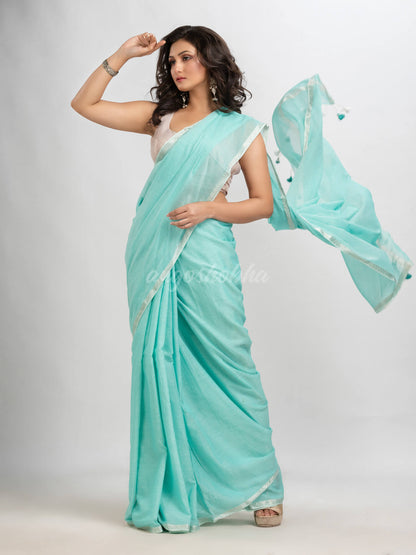 Paled Turquoise cotton with Jacquard Zari border and zari Stripe pallu handloom Saree