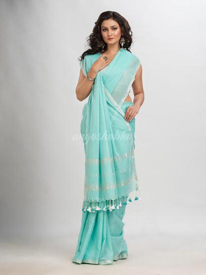 Paled Turquoise cotton with Jacquard Zari border and zari Stripe pallu handloom Saree