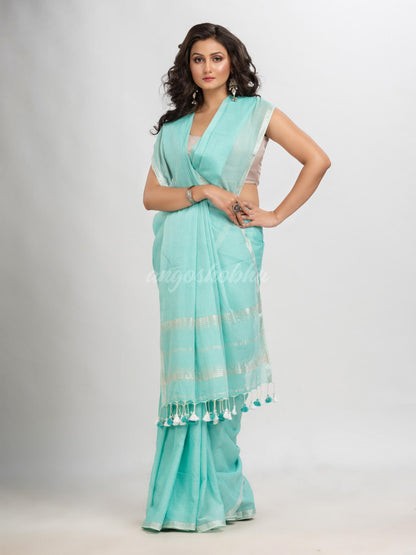 Paled Turquoise cotton with Jacquard Zari border and zari Stripe pallu handloom Saree