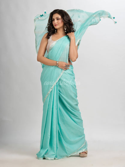 Paled Turquoise cotton with Jacquard Zari border and zari Stripe pallu handloom Saree