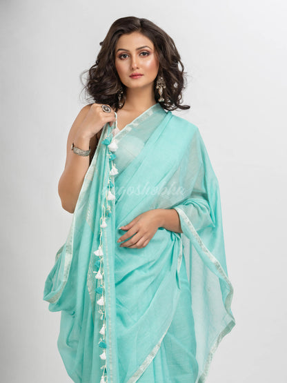 Paled Turquoise cotton with Jacquard Zari border and zari Stripe pallu handloom Saree