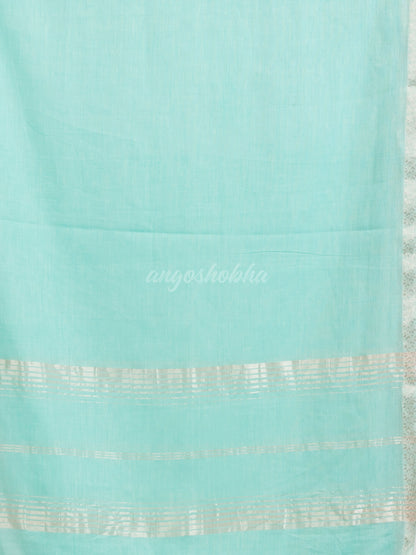 Paled Turquoise cotton with Jacquard Zari border and zari Stripe pallu handloom Saree