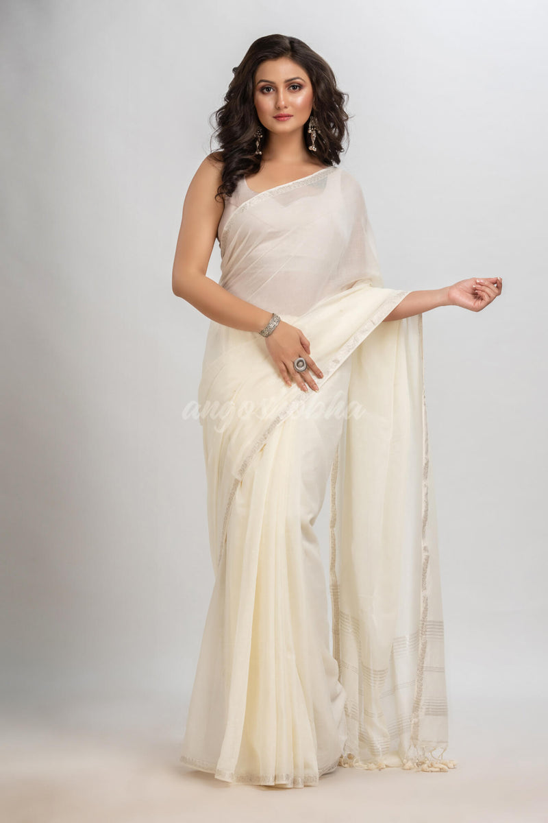 White cotton with Jacquard Zari border and zari Stripe pallu handloom Saree