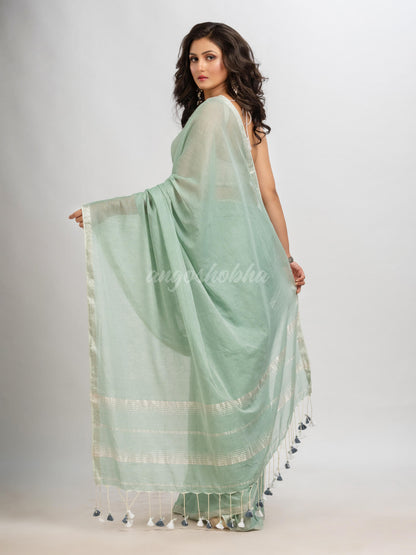 Sage green cotton with Jacquard Zari border and zari Stripe pallu handloom Saree