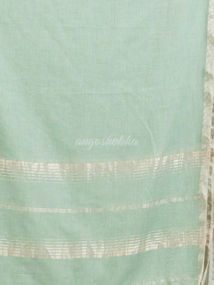 Sage green cotton with Jacquard Zari border and zari Stripe pallu handloom Saree