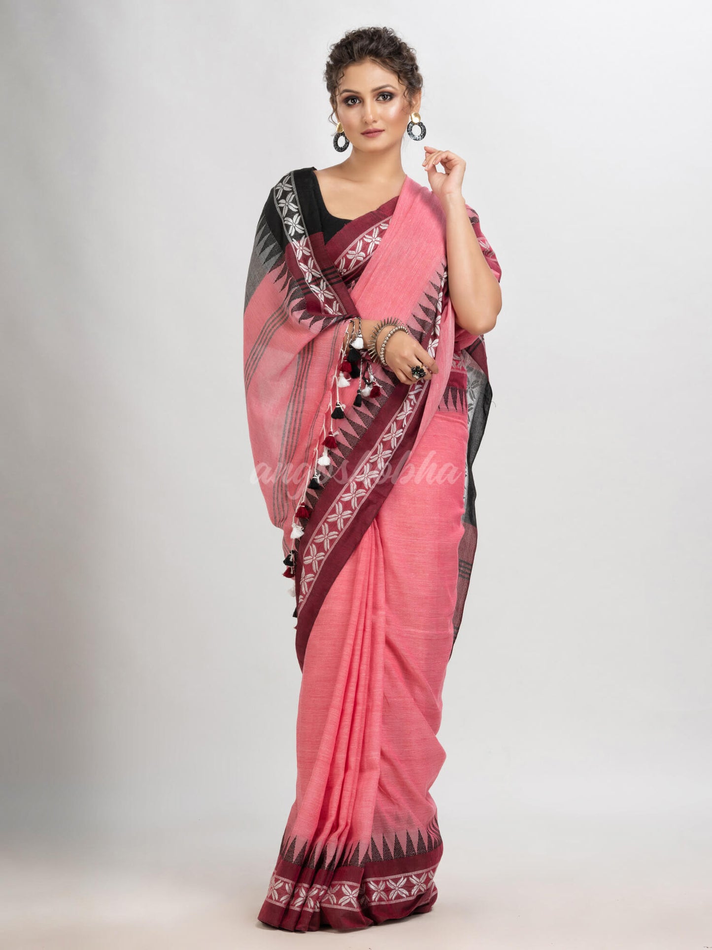 Rouge pink cotton jacquard border with stripe pallu handloom saree