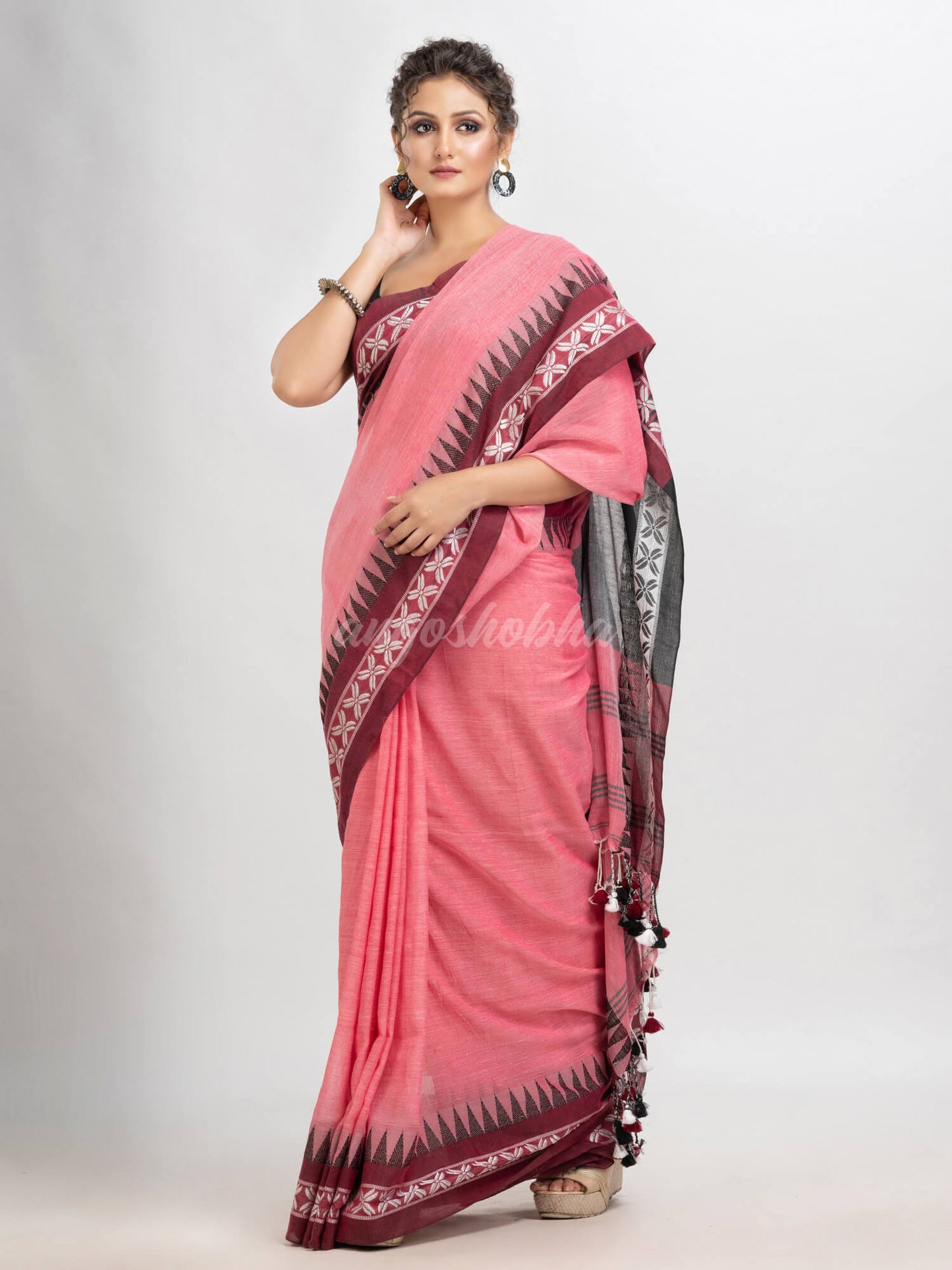 Rouge pink cotton jacquard border with stripe pallu handloom saree