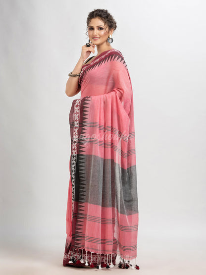 Rouge pink cotton jacquard border with stripe pallu handloom saree