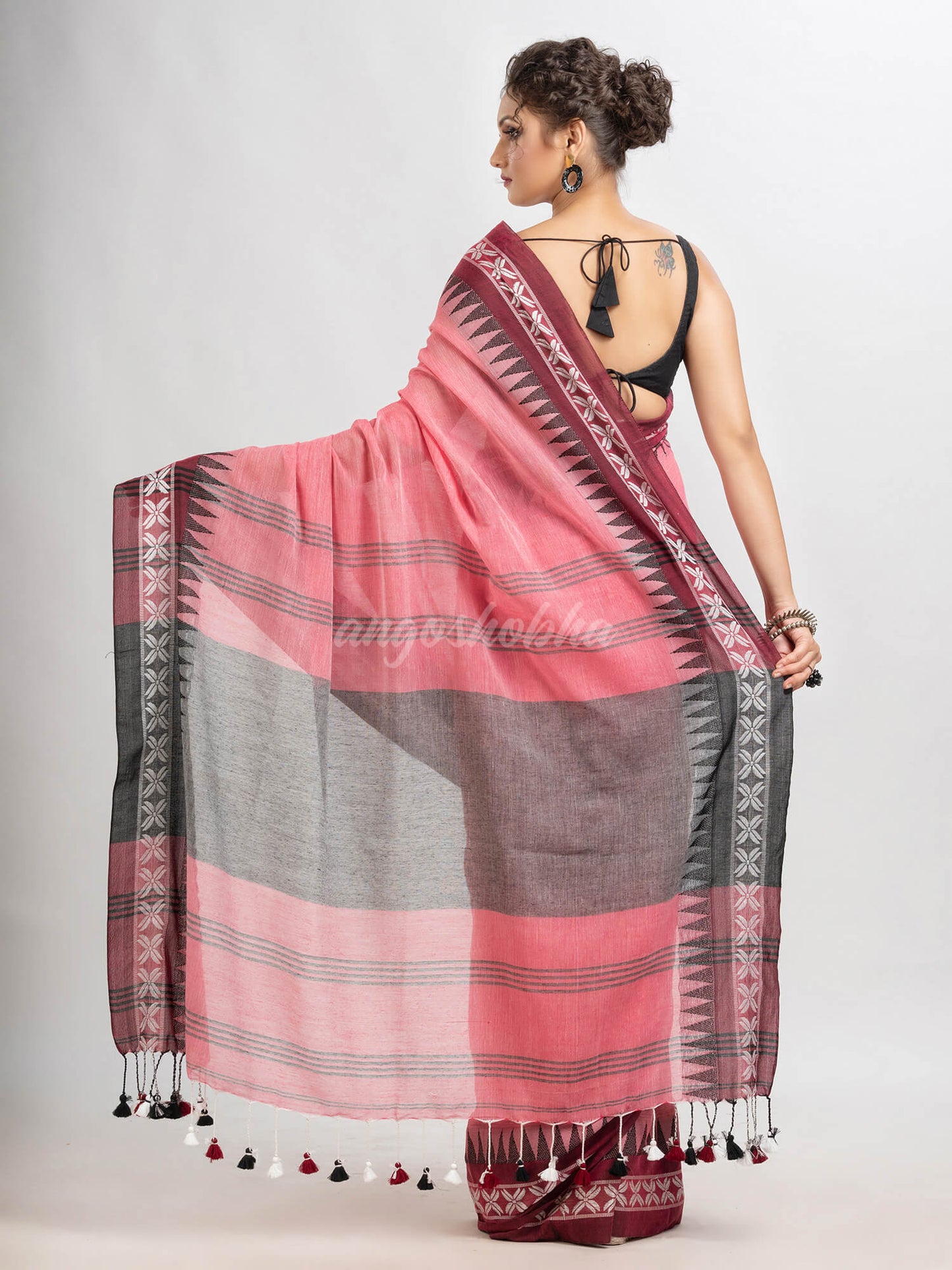 Rouge pink cotton jacquard border with stripe pallu handloom saree