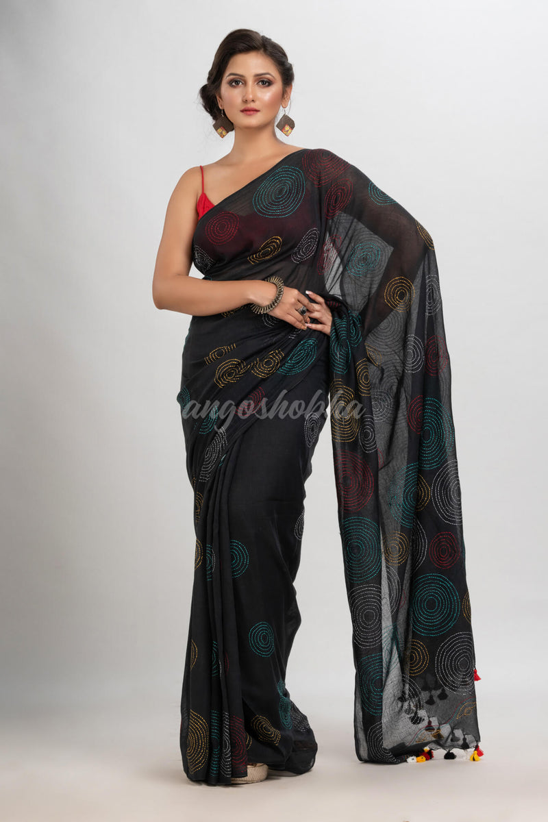 Black cotton embroidery saree