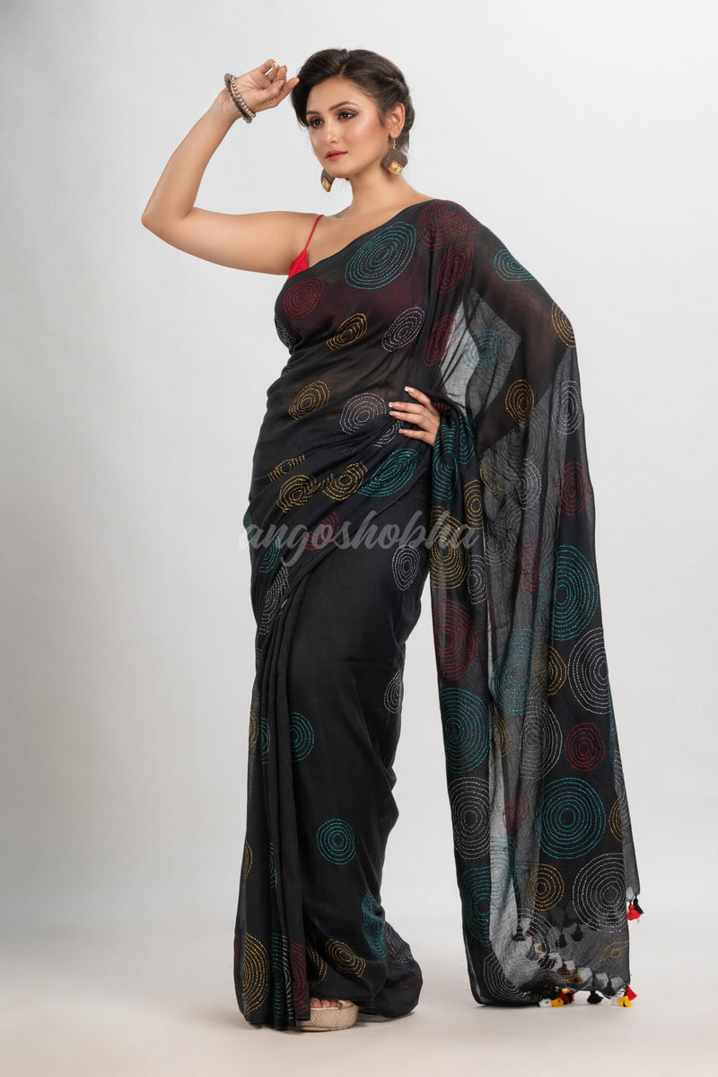 Black cotton embroidery saree