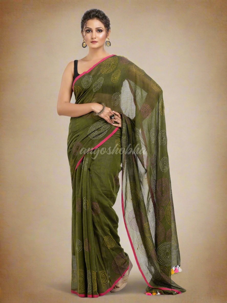 Olive green cotton embroidery saree