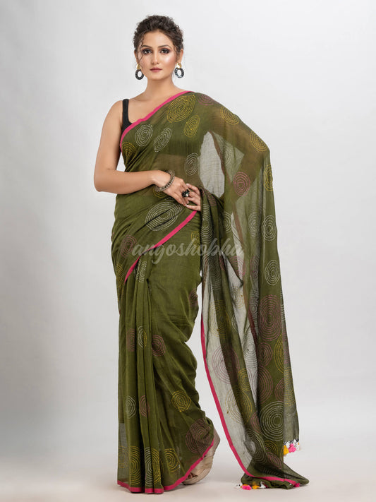 Olive green cotton embroidery saree