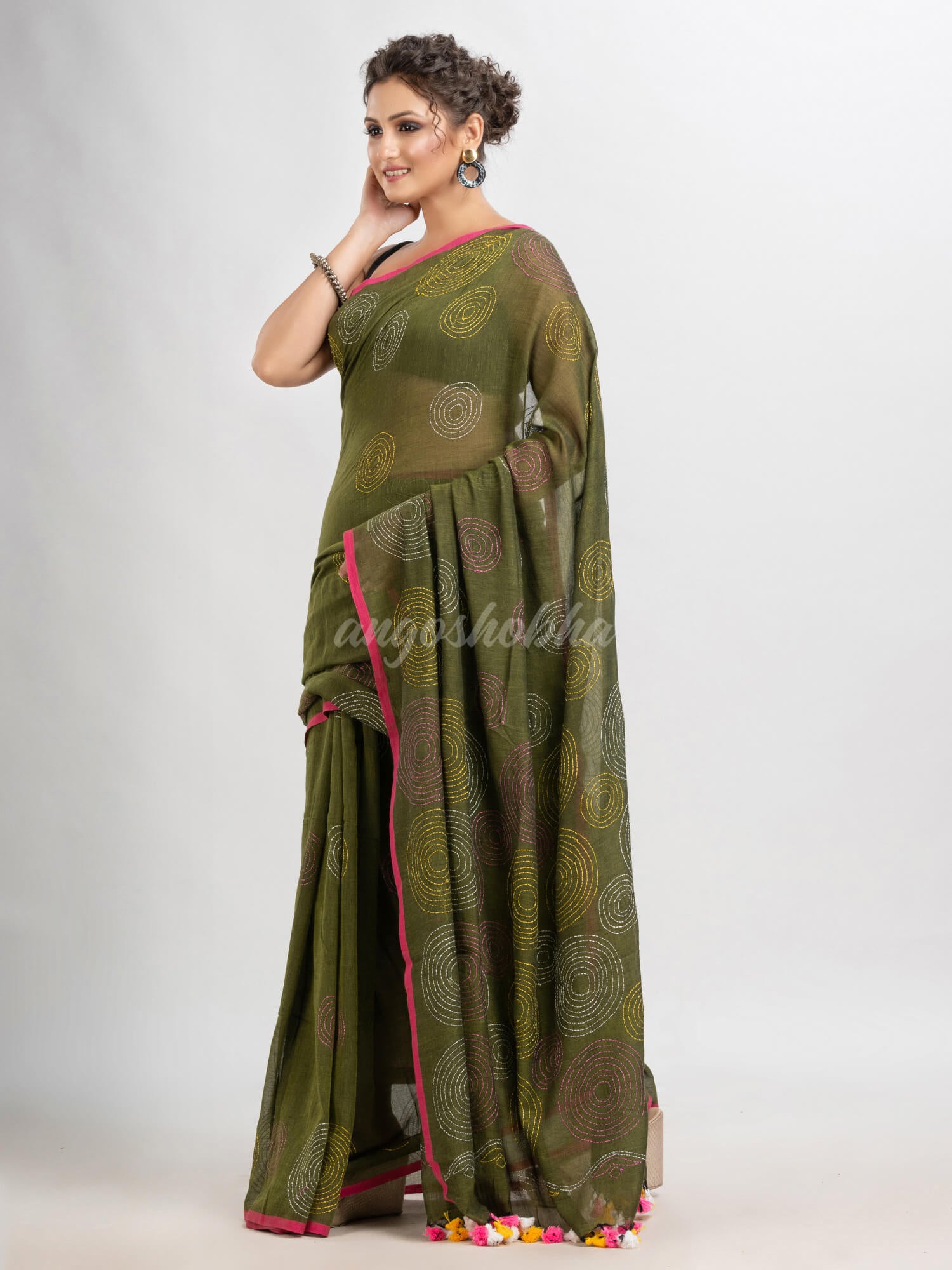 Olive green cotton embroidery saree