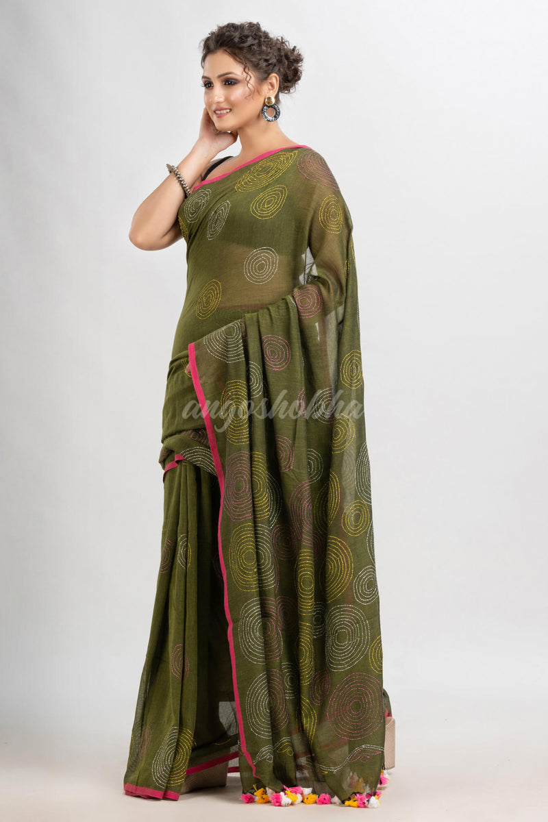 Olive green cotton embroidery saree