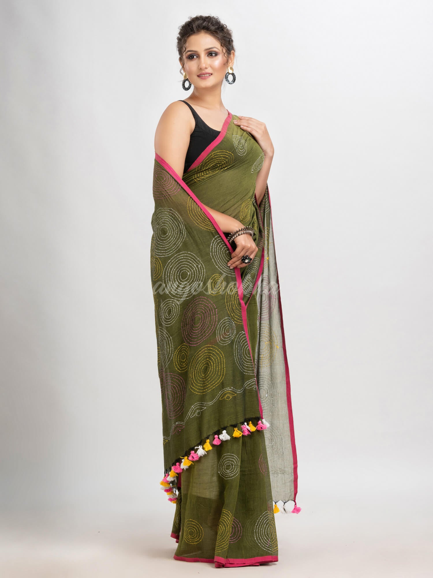 Olive green cotton embroidery saree