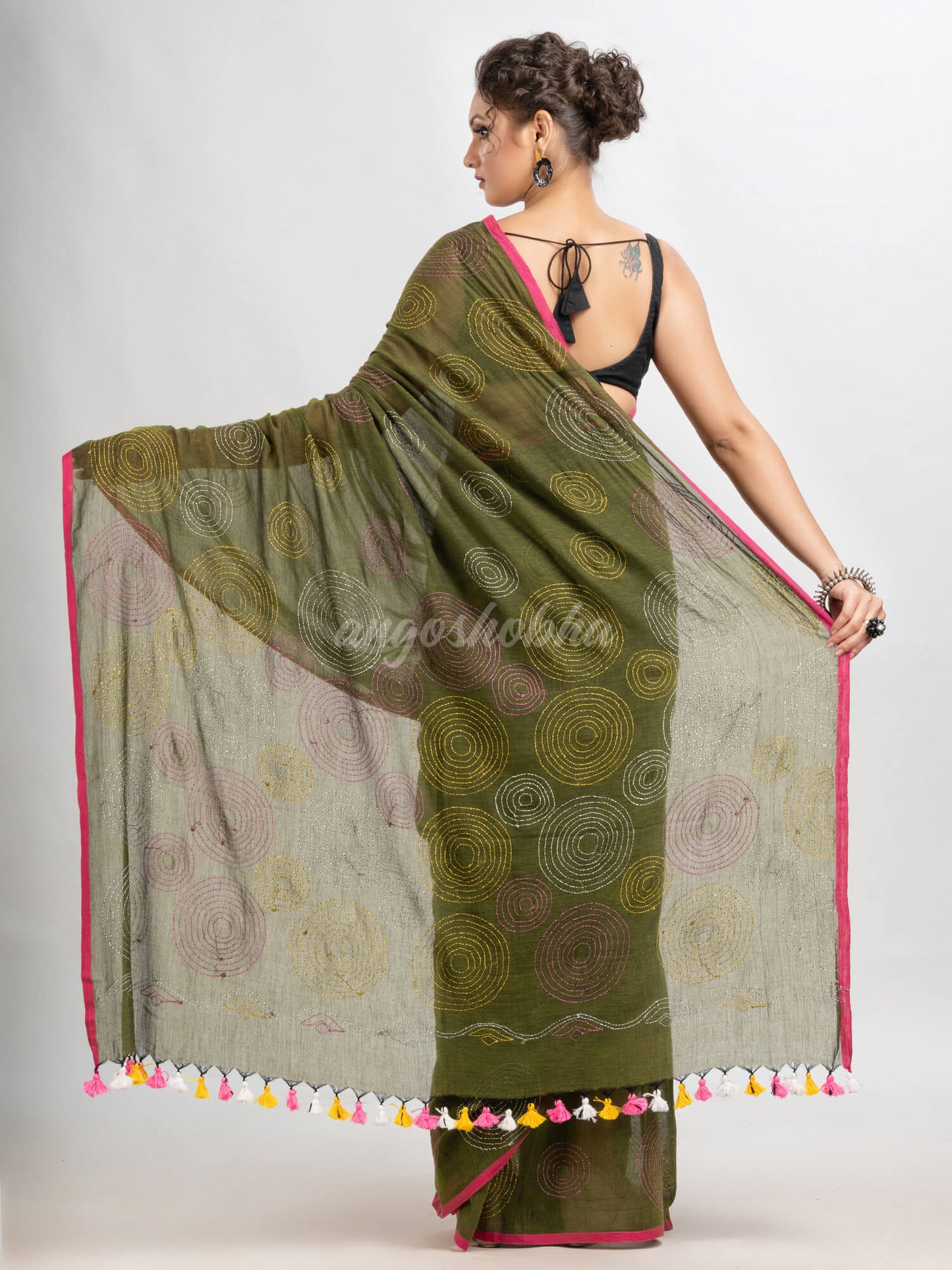 Olive green cotton embroidery saree