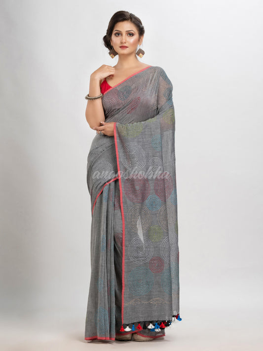 Jet Grey cotton embroidery saree