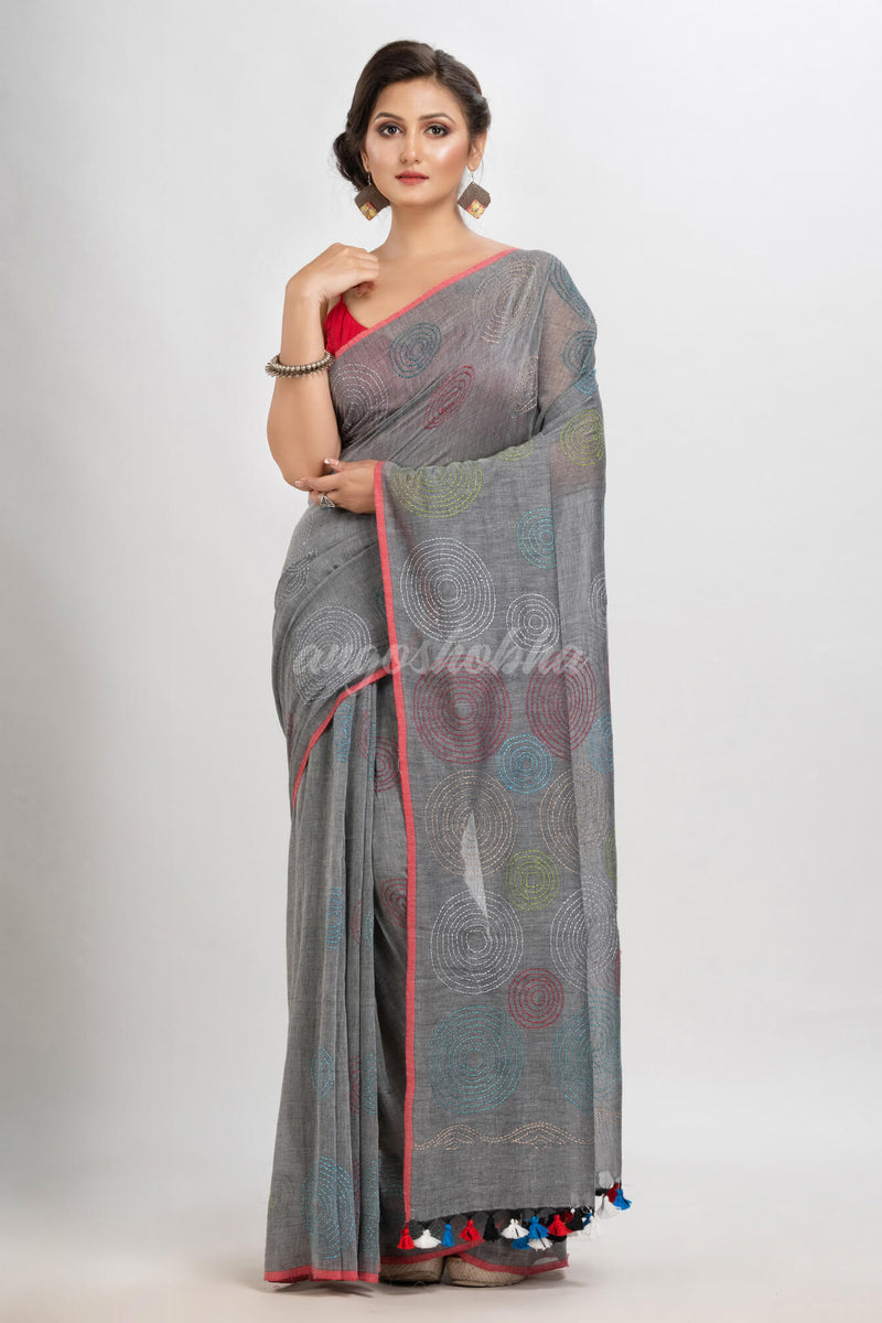 Jet Grey cotton embroidery saree
