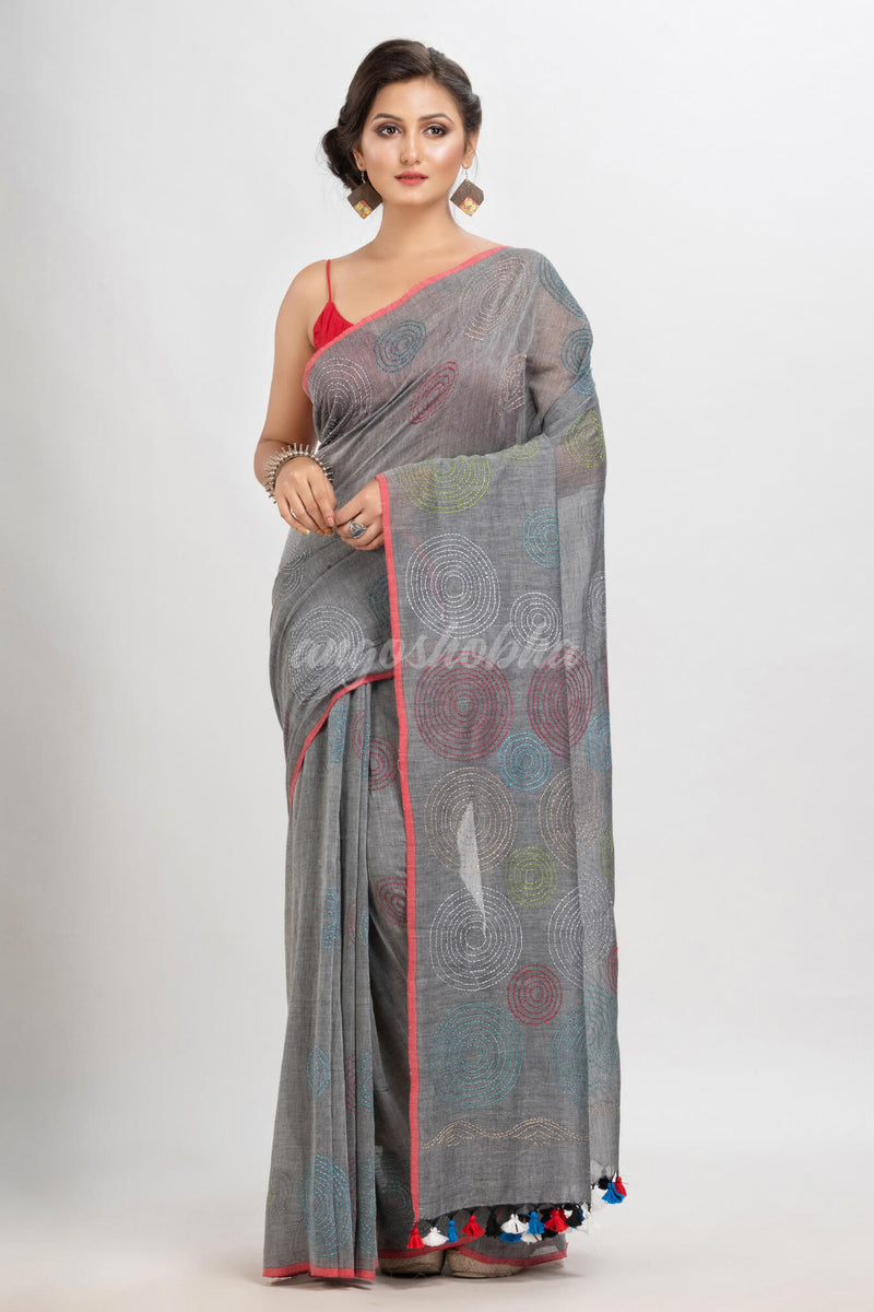 Jet Grey cotton embroidery saree
