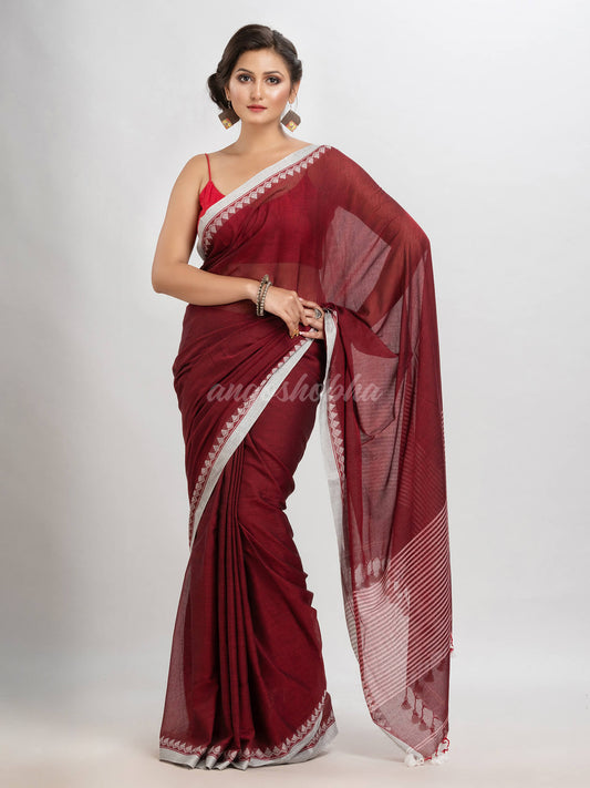 Maroon cotton with jacquard border & pallu stripe handloom saree