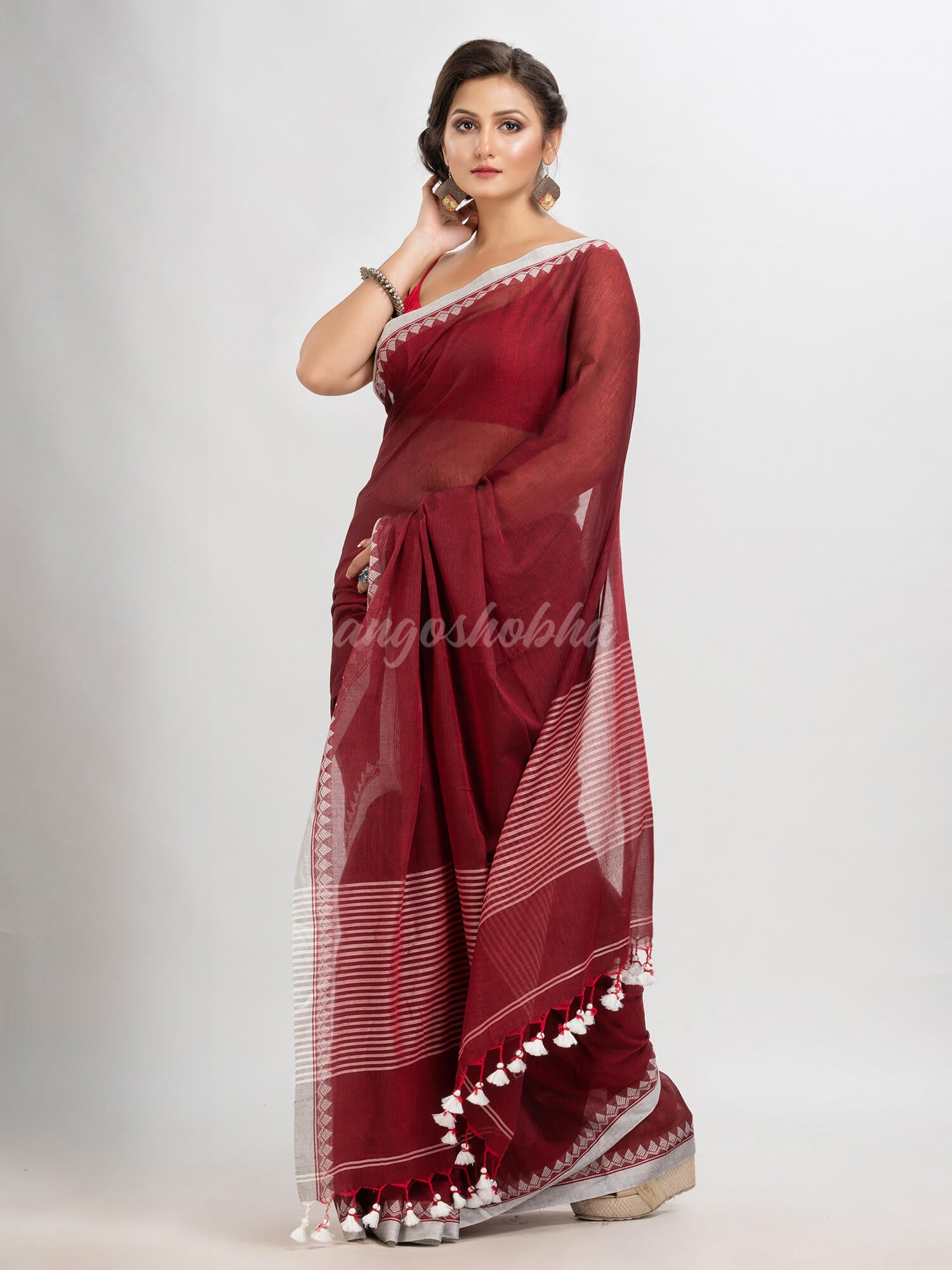 Maroon cotton with jacquard border & pallu stripe handloom saree