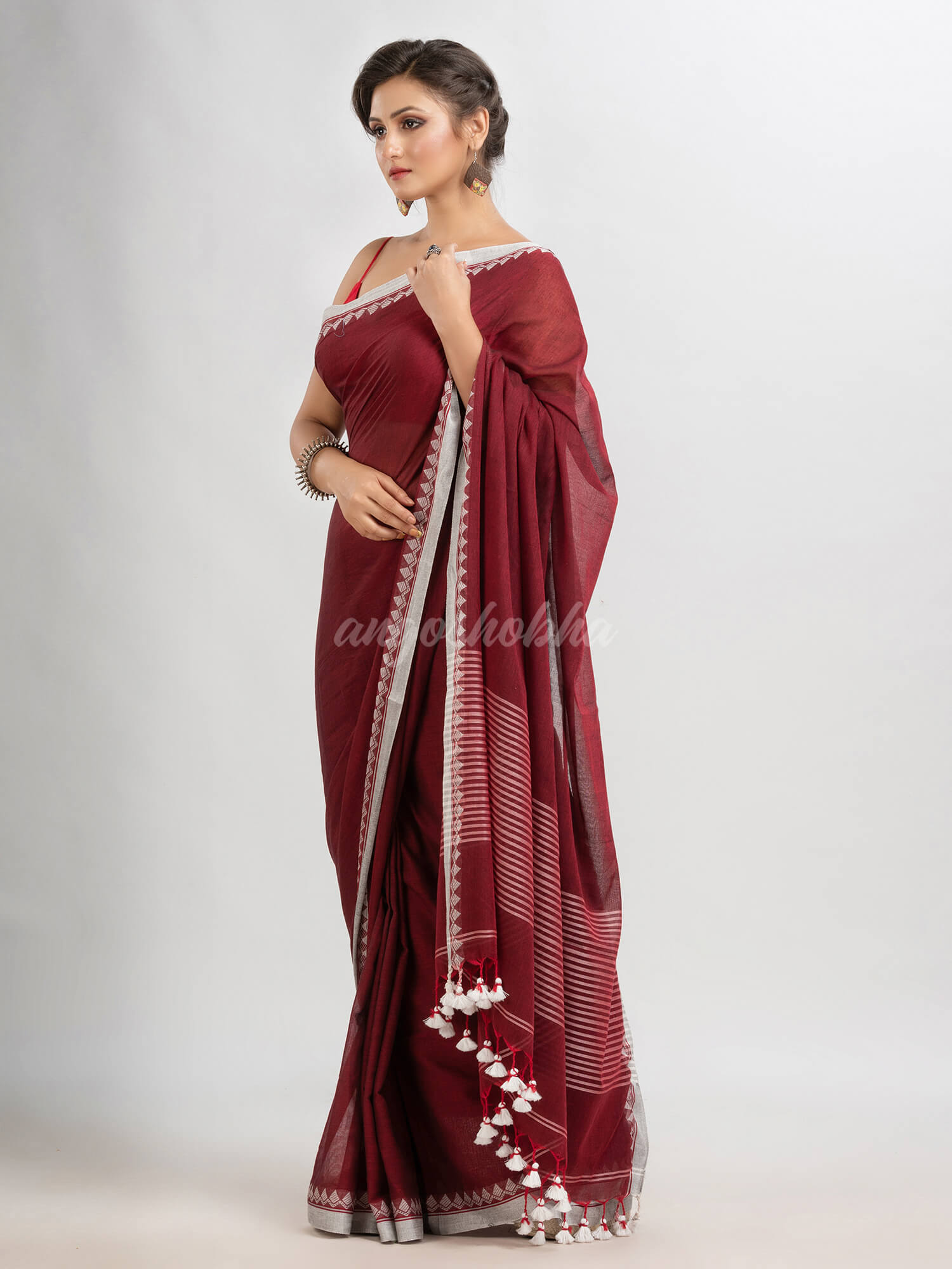 Maroon cotton with jacquard border & pallu stripe handloom saree