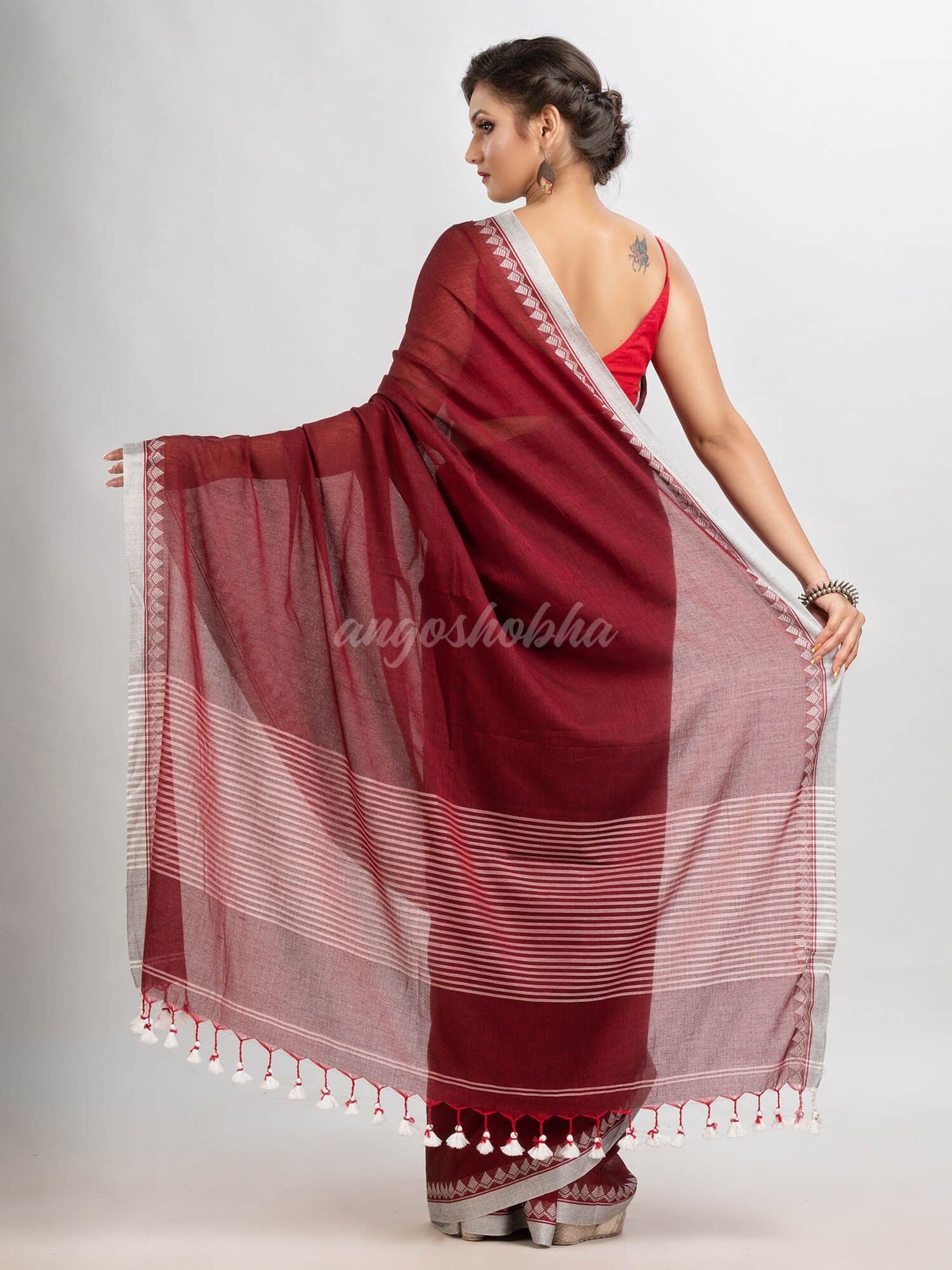 Maroon cotton with jacquard border & pallu stripe handloom saree