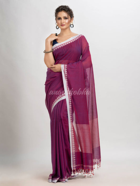 Magenta cotton with jacquard border & pallu stripe handloom saree