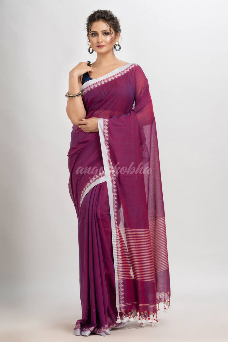 Magenta cotton with jacquard border & pallu stripe handloom saree