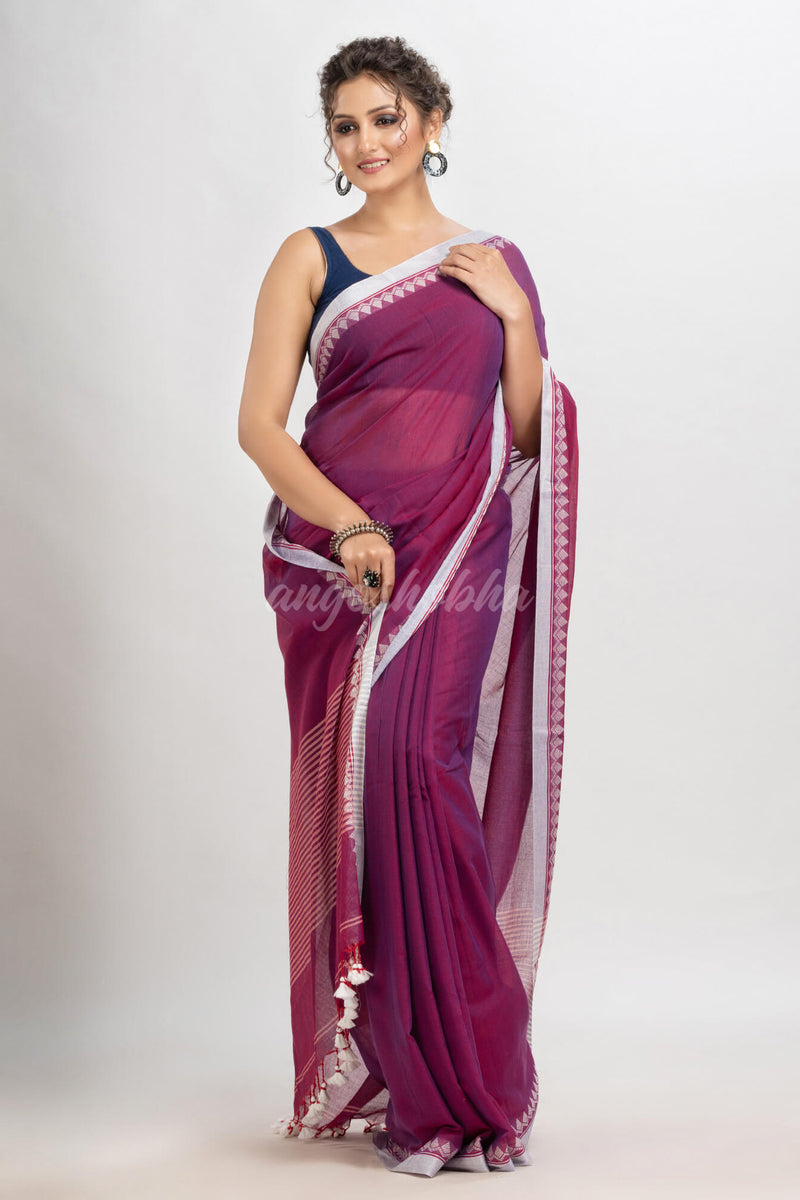 Magenta cotton with jacquard border & pallu stripe handloom saree