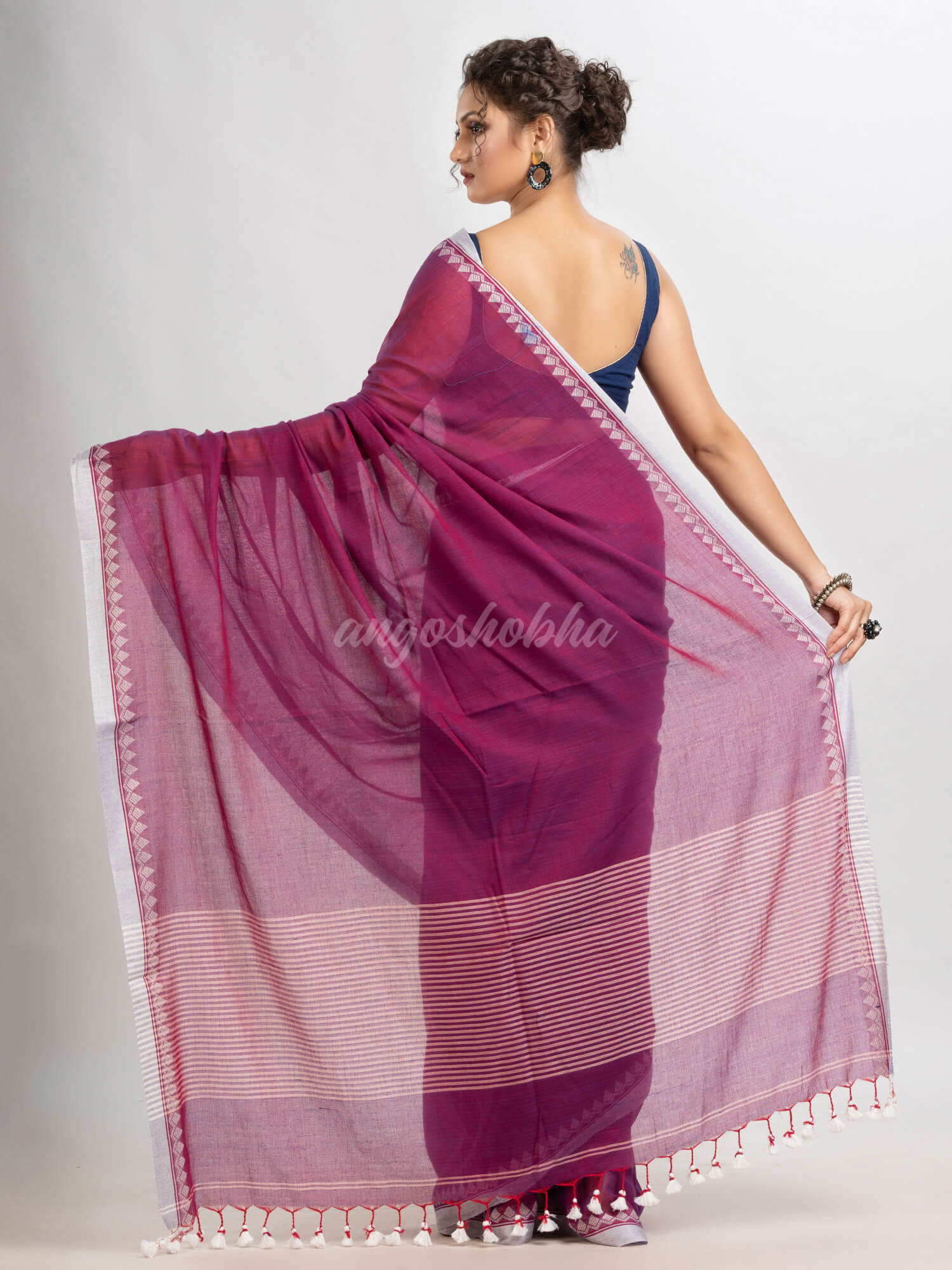 Magenta cotton with jacquard border & pallu stripe handloom saree