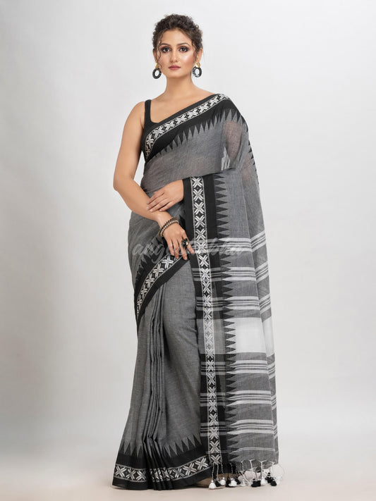 Grey cotton with jacquard border & pallu stripe handloom saree