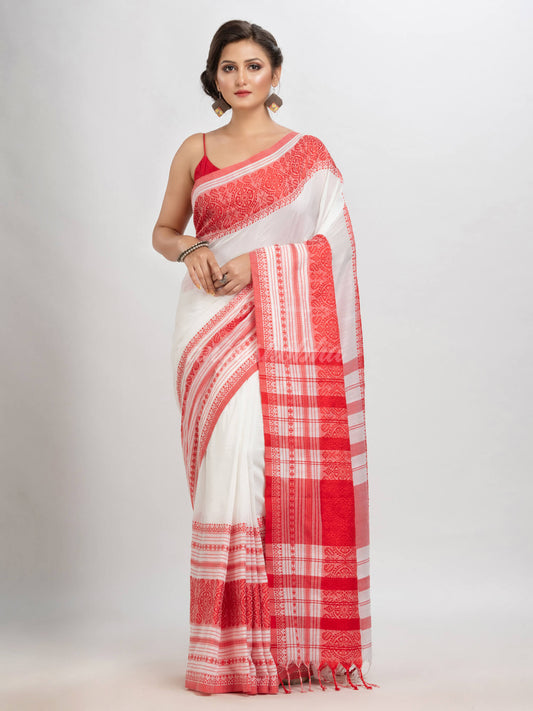 White body red border begampuri organic cotton saree