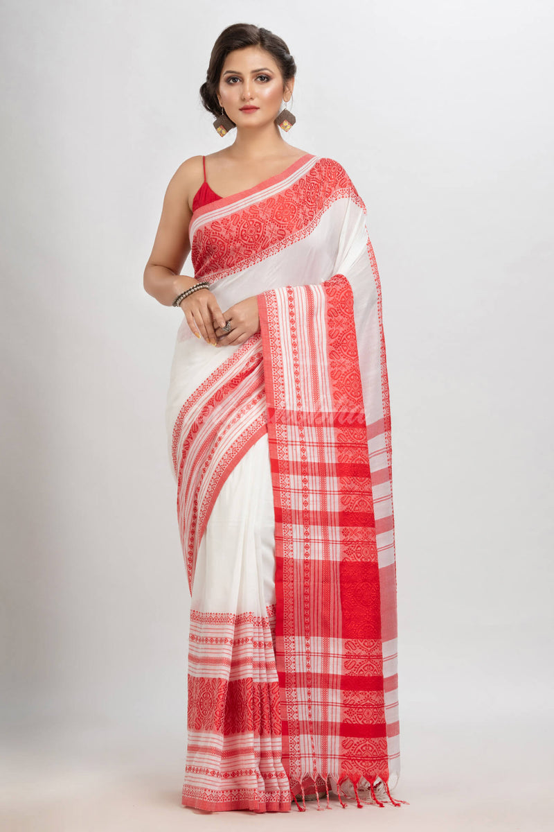 White body red border begampuri organic cotton saree