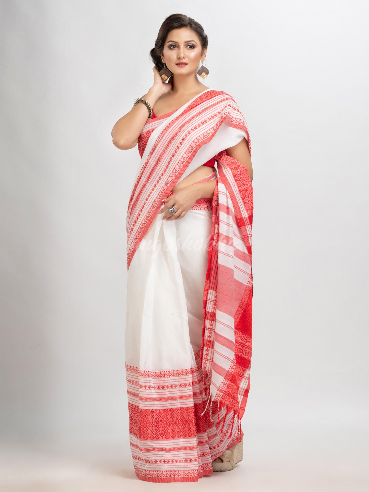 White body red border begampuri organic cotton saree