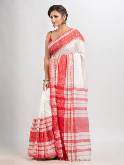 White body red border begampuri organic cotton saree
