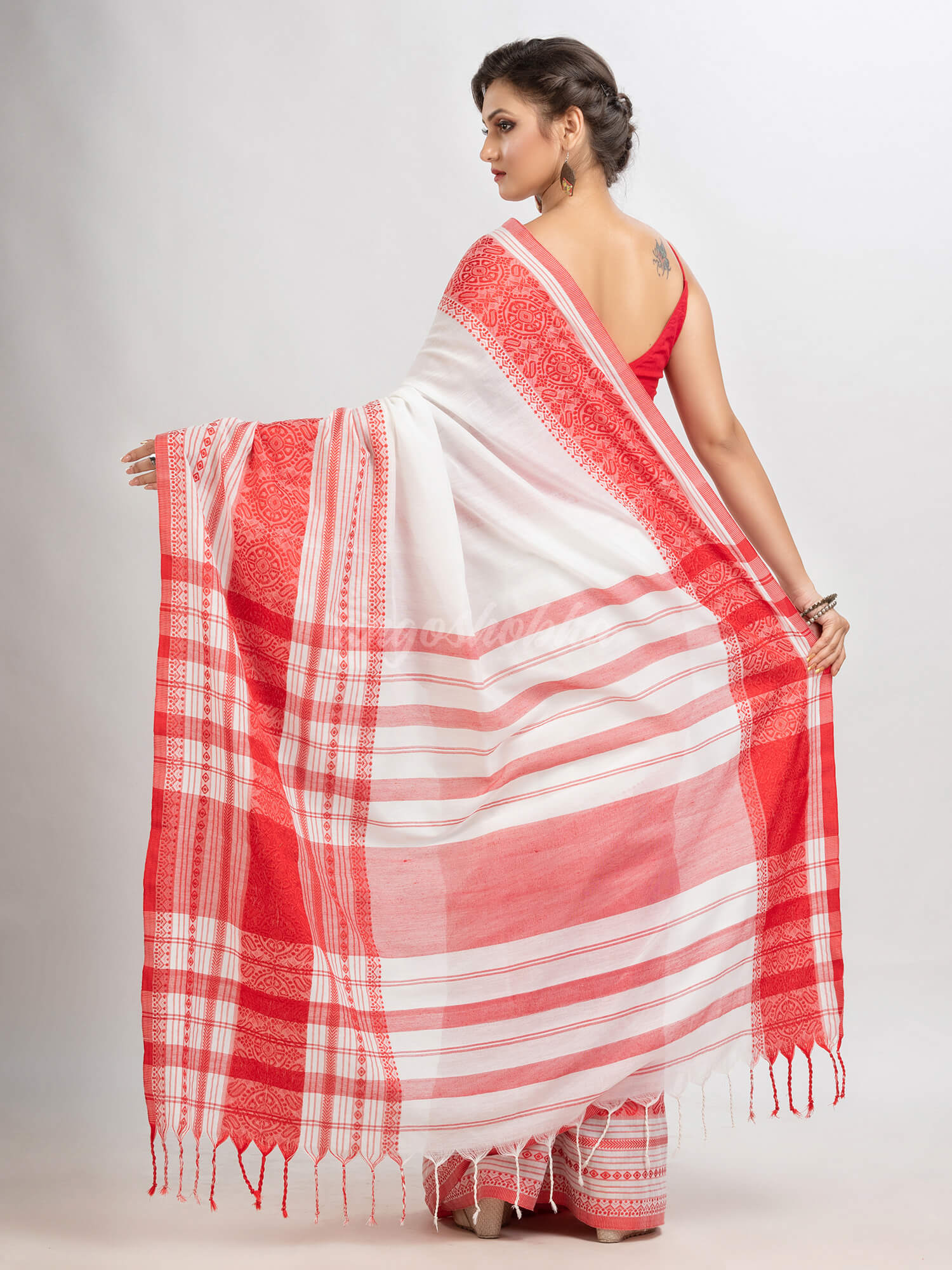 White body red border begampuri organic cotton saree
