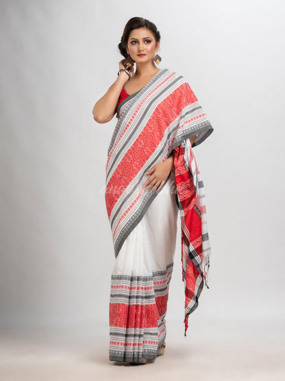 White body red & black border begampuri organic cotton saree