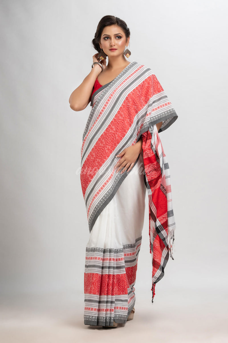 White body red & black border begampuri organic cotton saree