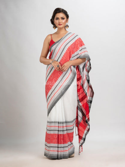 White body red & black border begampuri organic cotton saree