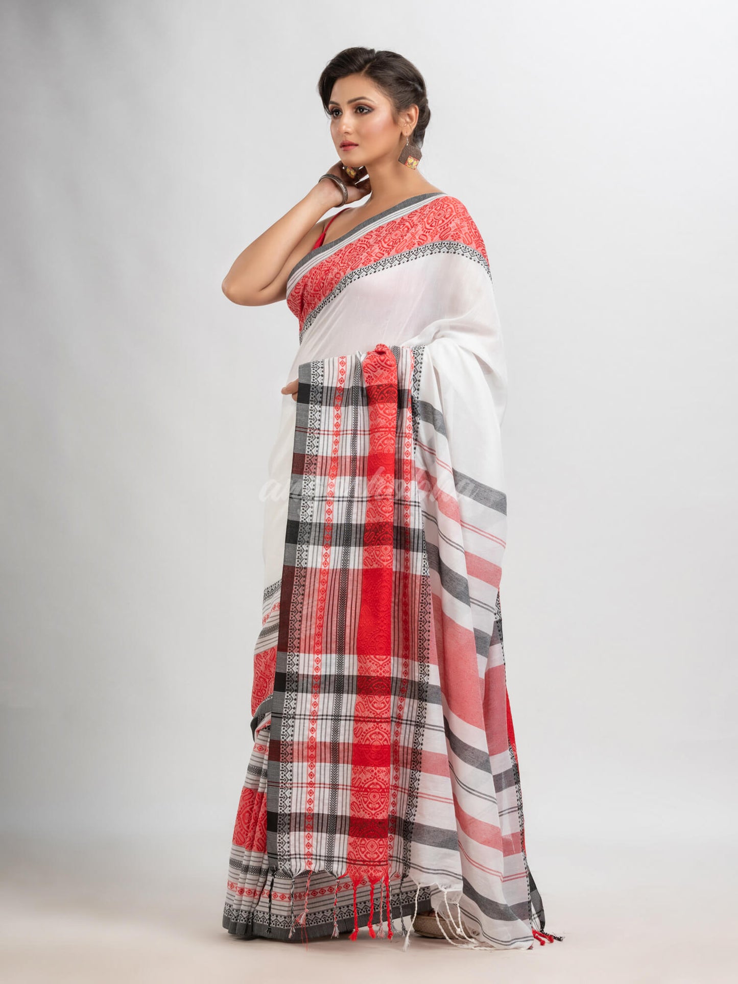 White body red & black border begampuri organic cotton saree