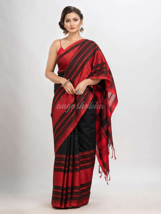 Black body red border begampuri organic cotton saree