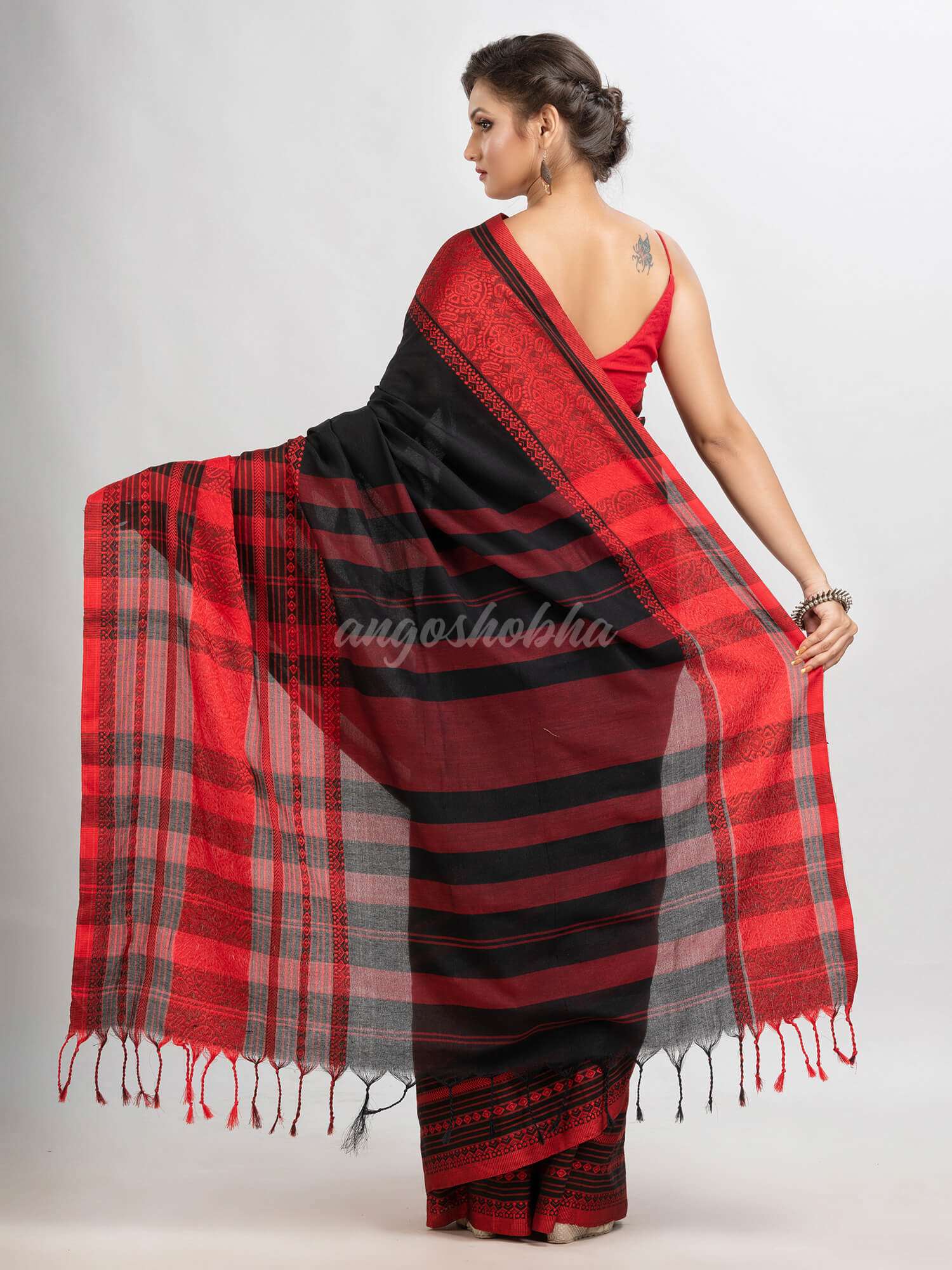 Black body red border begampuri organic cotton saree