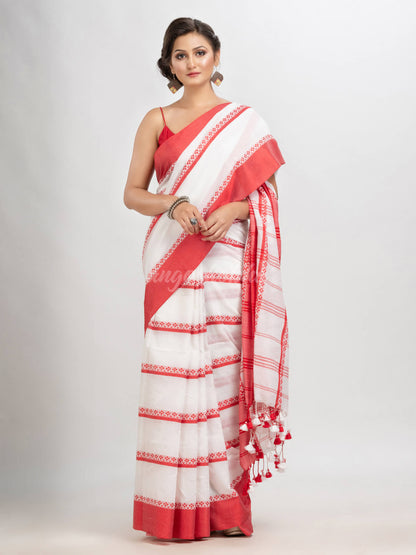 White cotton red jacquard border with stripe pallu handloom saree